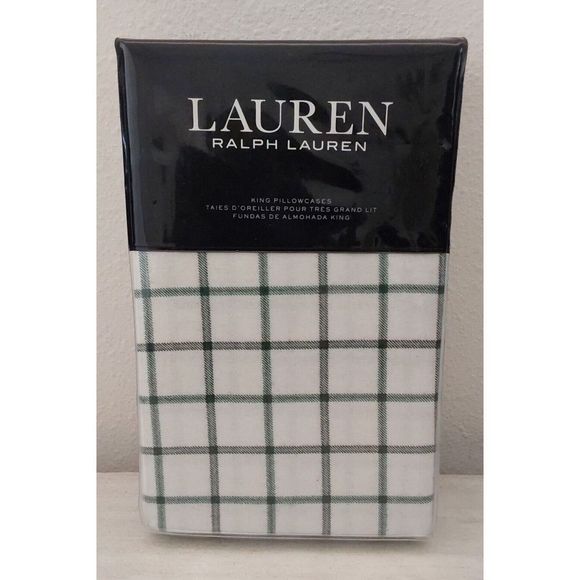 Ralph Lauren FLANNEL Cotton White Green Red MILLERTON PLAID Two King Pillowcases - Picture 1 of 10